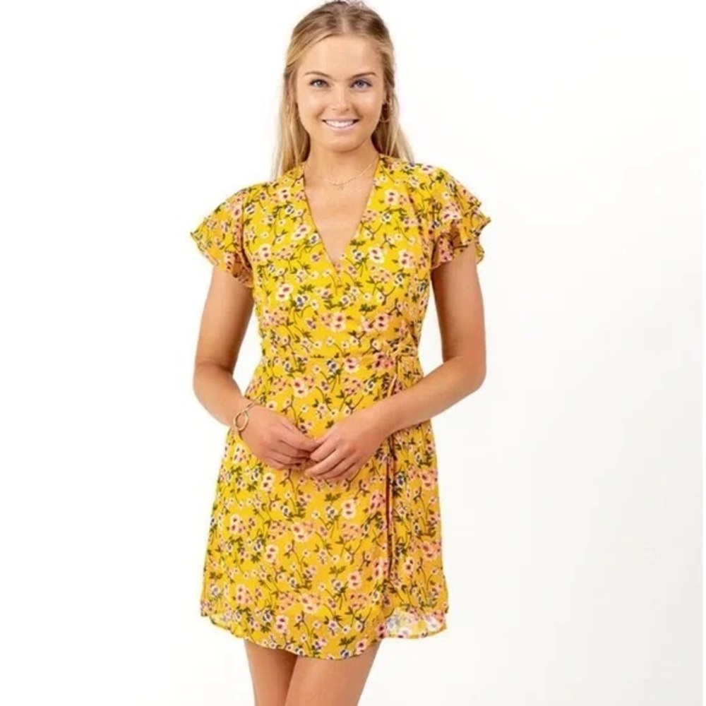 Harper Heritage Yellow Floral Wrap Mini Dress with Ruffle Sleeves